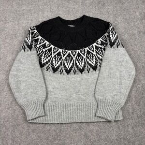 Crown & Ivy Sweater Womens PS Gray Black Fair Isle Nordic Knit Pullover Petite